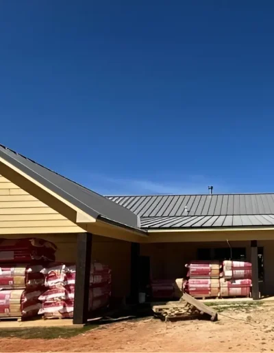 Metal roofing installation with materials on-site