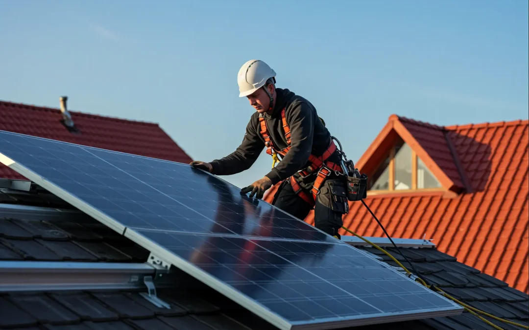 Man installing solar panels on a roof